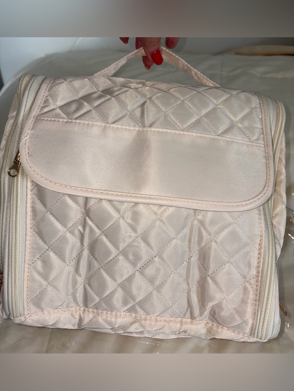 Beige Travel Cosmetic Organizer Bag with Clear Compartments - Picture 4 of 9